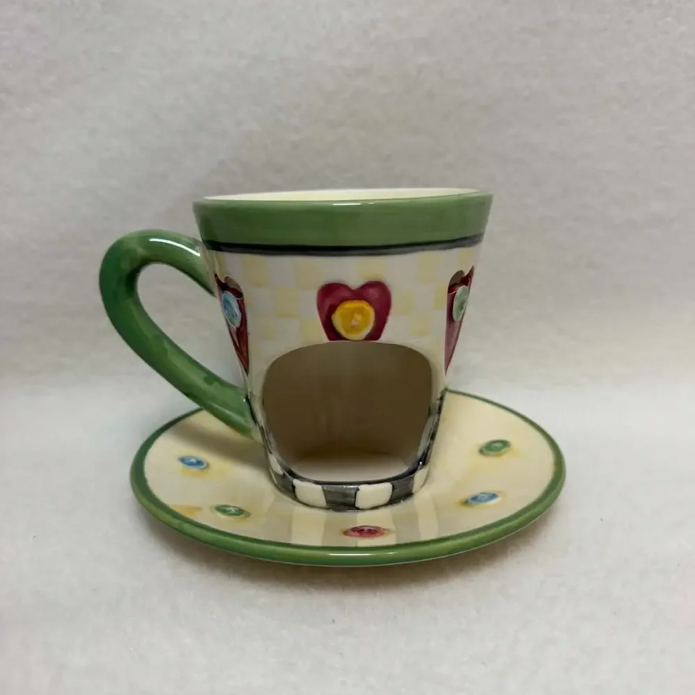 Vintage Teacup Wax Tart Warmer Hearts Buttons Checkerboard Whimsical Country